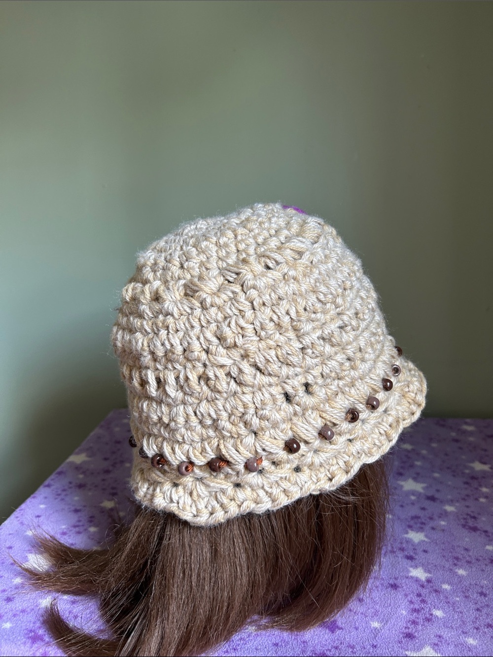 Crochet Flower Beanie with Turquoise and Purple Accents acrylic hemp yarn - Picture 4 of 8